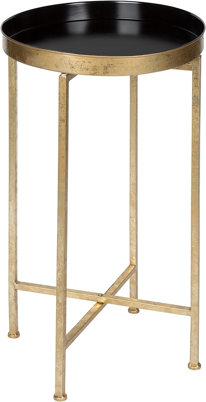 Kate and Laurel Celia Round Metal Foldable Tray Accent Table, Black with Gold Base