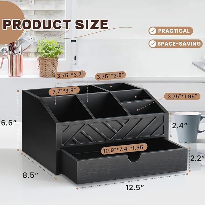 Farmhouse Coffee Bar Accessories Organizer - Countertop Coffee Station with Drawer, Pod Holder & Condiment Organizer (Black)-NeatNest