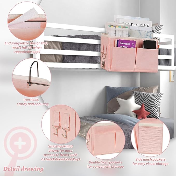 Bedside Caddy Hanging Storage with Water Bottle Holder for Bunk Bed Hospital Bed Dorm Rooms (Pink)-NeatNest