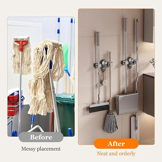 Broom Hanger Mop Hanger, Wall Mount Mop Grippers, No Punching Required Broom Hanger Organizer for Bathroom, Kitchen, Laundry Room, Home Garden, Garage Storage and Organization Rack(2PCS)-NeatNest