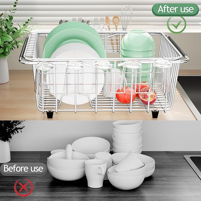 Dish Drying Rack in Sink, Extendable Stainless Steel Dish Drainers for Kitchen Counter, Anti-Rust Dish Dryer Rack with Utensil & Cup Holders, for Inside Sink, Over The Sink