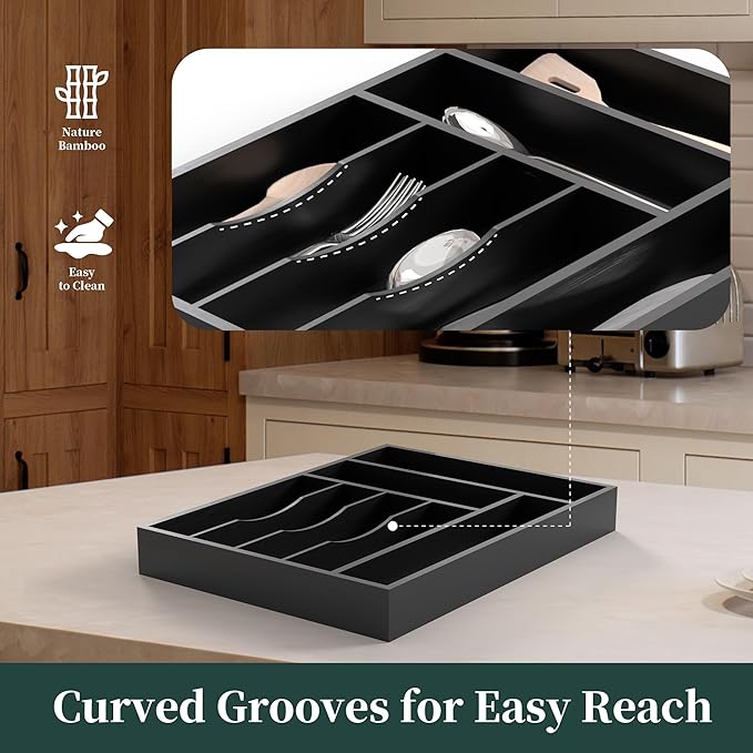 Bamboo Silverware Organizer, Kitchen Drawer Organizer, Utensil Holder, Cutlery Tray & Spoon Flatware Storage with Grooved Drawer Dividers ((7 Slots, Black)-NeatNest