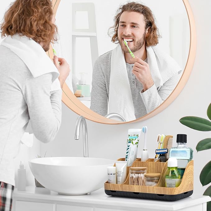 Bathroom Organizers and Storage - Detachable 7 Slots Kids Electric Toothbrush and Toothpaste Holde Drainage for Bathroom Accessories Organization Counter Vanity Storage, Wood-NeatNest