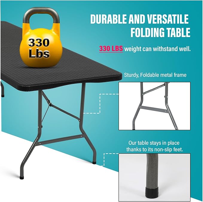 FDW Folding Table Half Portable Foldable Table for Parties Backyard Events (Black Ratten, 6 FT)-NeatNest