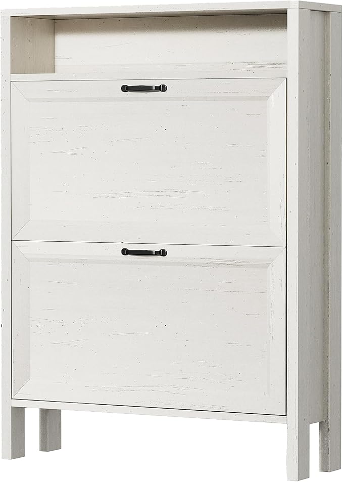 Shoe Storage Cabinet with 2 Flip Drawers, Wooden Shoe Rack with Metal Handle, Freestanding Hidden Shoe Storage Organizer with Open Shelf, Narrow Shoe Rack for Entryway, Hallway (White)