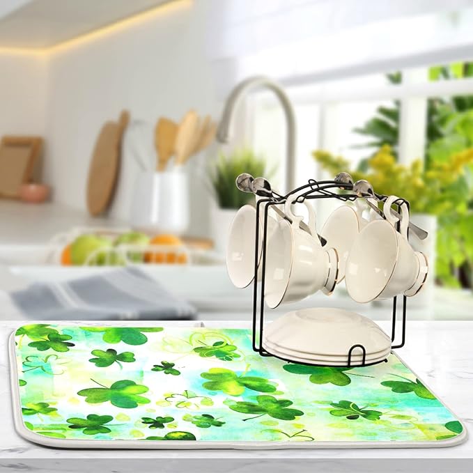 Absorbent Dish Drying Mat for Kitchen Counter - Clover Clover Microfiber Drying Pad, Reversible Drainer Mats for Countertop, Large 18" x 24"