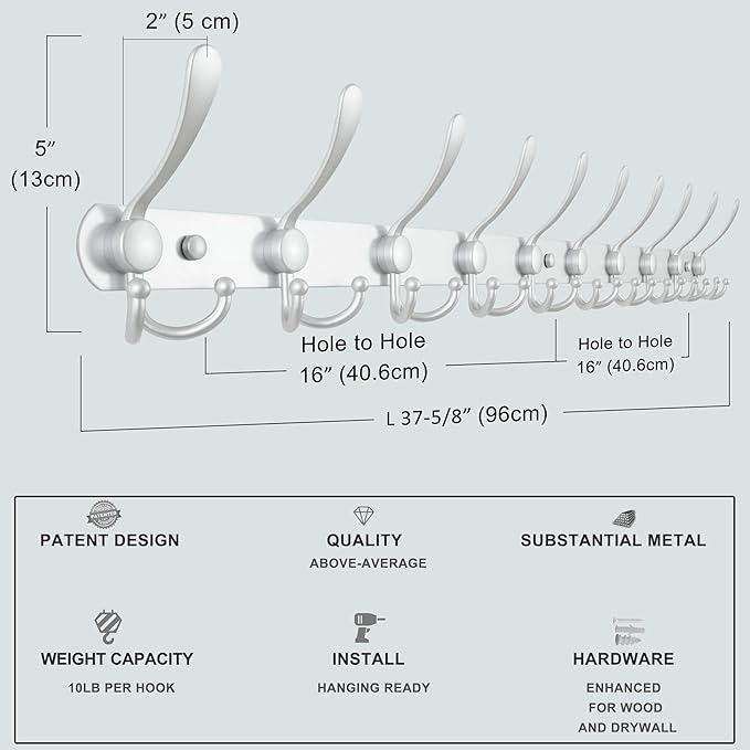 Dseap Coat Rack Wall Mount - 38” Long 10-Tri-Hooks Heavy Duty Coat Hanger Rail Wall Hooks for Hanging Coats Hats Clothing Clothes Purse Mudroom Entryway, Silver-NeatNest