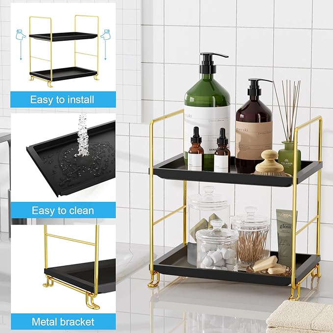 FSyueyun 2-Tier Bathroom Countertop Organizer, Tool-Less Installation Premium Plastics Makeup Shelf Organizer Perfume Skincare for Dresser Vanity Tray Organizers and Storage (Gold & Black)-NeatNest