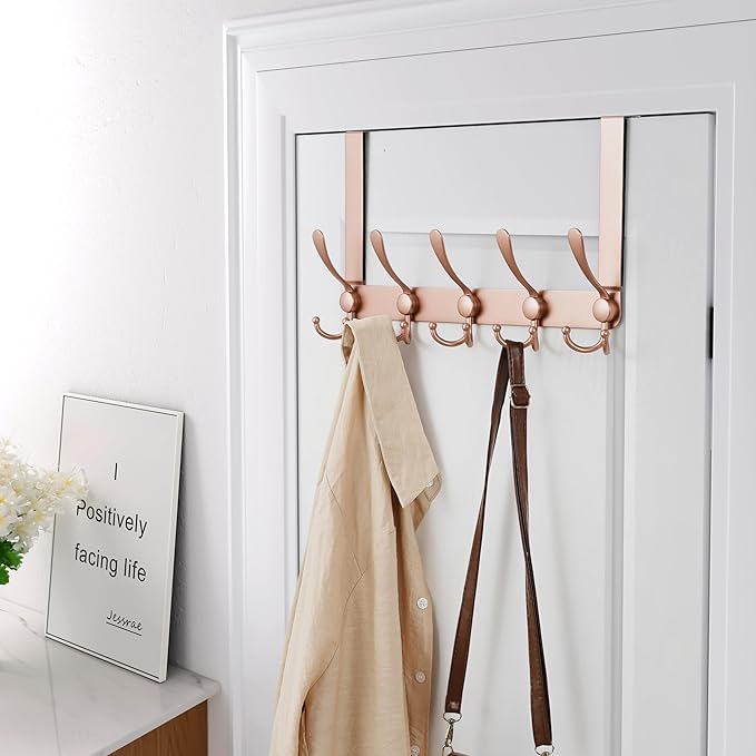 Dseap Over The Door Hook Hanger - 5 Tri Hooks, Heavy Duty Over The Door Towel Rack Coat Rack for Clothes Hat Towel, Rose Gold
