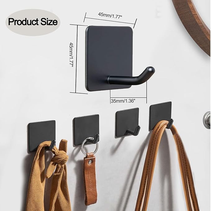 Adhesive Towel Hooks for Bathrooms, 8 Piece Towel Hooks for Hanging Hat Robe Coat, Stick on Hooks for Kitchens, Strong Self-Adhesive No Damage Sticky Hook, Black