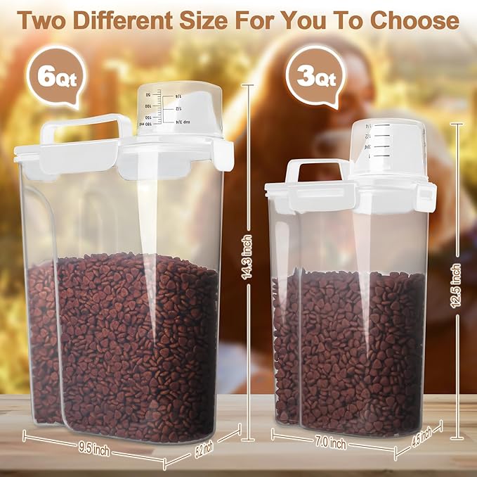 Dog Food Storage Container, 5-7 Lbs Airtight Pet Food Container, Cat food Container Dispenser with Portable Handle, Pouring Spout and Measuring Cup for Dogs Cats 2Pack White/6Qt-NeatNest