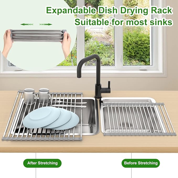 Dish Drying Rack Expandable Up to 23.6", Roll Up Over The Sink Dish Drying Rack, Extra Large Stainless Steel Multipurpose Kitchen Sink Drainer - 23.6"(L) x 15.7"(W)