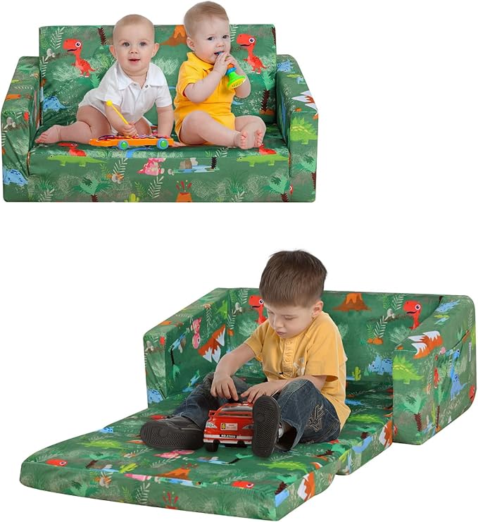 Foam Kid Sofa Couch, 2 in 1 Convertible Sofa to Bed for Baby,Velvet Toddler Sofa Chair with Side Pocket for Kid Playing (W29.92) (Green)-NeatNest