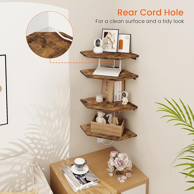 Homode Corner Shelf Wall Mount, Set of 4 Floating Corner Shelves with Cord Hole for Cable Box, Wood Corner Hanging Shelves for Bathroom Bedroom Kitchen, Rustic Brown-NeatNest