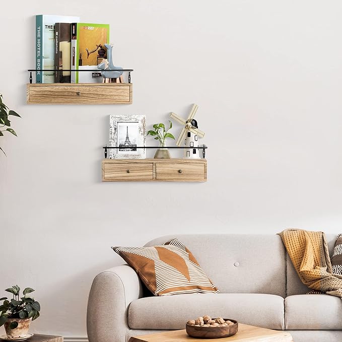 Floating Shelves - Wall Mounted Bathroom Shelf Set of 2 with Drawers, Rustic Wood Shelves for Bedroom, Living Room, Kitchen, Wall Decor, Plants, Books (Brown)-NeatNest