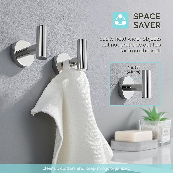 Bath Towel Hook 2 PCS, Angel Simple SUS304 Stainless Steel Kitchen Bathroom Towel Holder, Round Robe Hook Wall Mounted, Polished Chrome