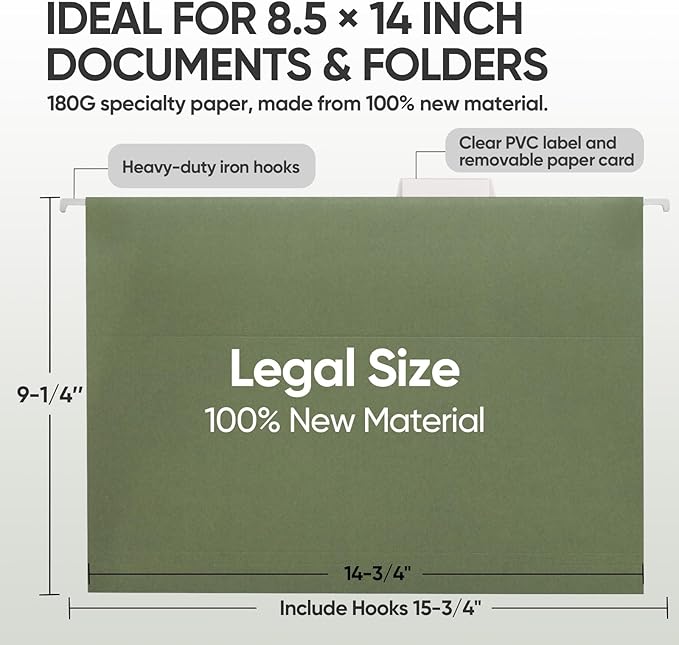 BALEINE 16PK Hanging File Folders, Legal Size Hanging Folders with 1/5-Cut Tabs for Filing Cabinets, File Boxes (16PK, Legal Size)