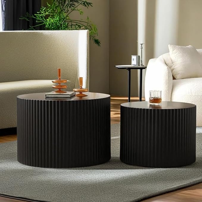 Modern Round Nesting Coffee Table Set of 2, Vertical Stripe Design Drum Coffee Table Cocktail Table, Round Side Table for Living Room, Bedroom, Office, Balcony (D19.7+27.6")