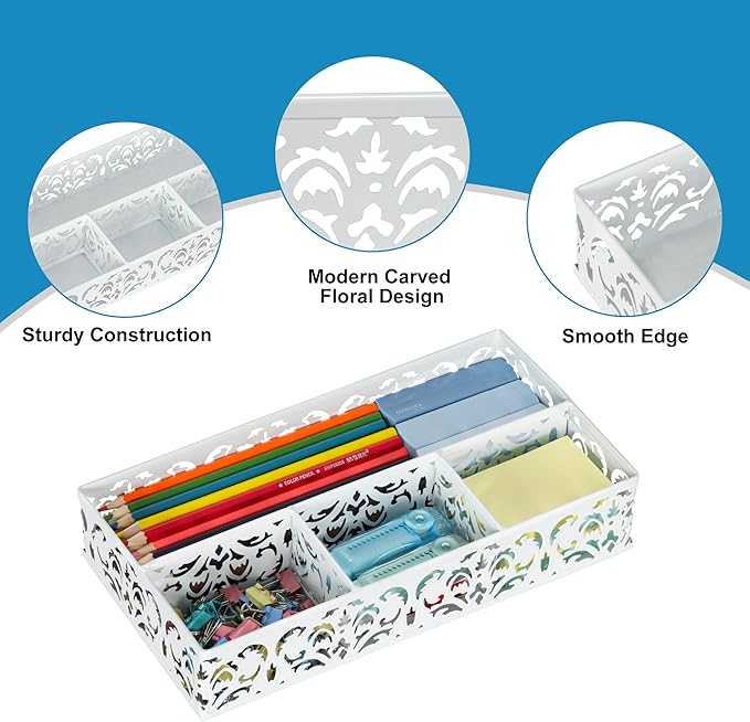EasyPAG Desk Drawer Organizer with 4 Compartments, Carved Hollow Floral Metal Tray for Office, Jewelry, Cosmetics - No Assembly, White-NeatNest