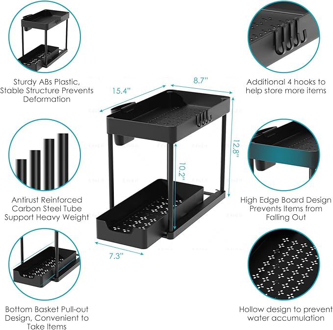 2 Pack Under Sink Organizer with Sliding Basket - 2 Tier Metal Cabinet Storage Shelf for Bathroom, Kitchen Sink - Adjustable Shelves, Space Saver,Black-NeatNest