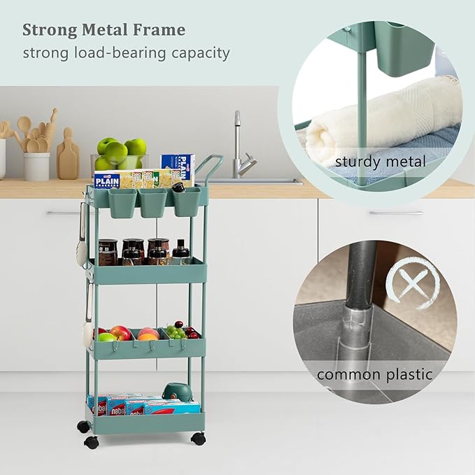 danpinera Slim Storage Cart on Wheels, 4 Tier Narrow Laundry Cart with Hooks Hanging Cups Dividers Mobile Rolling Lash Cart with Handle for Bathroom Small Spaces, Green
