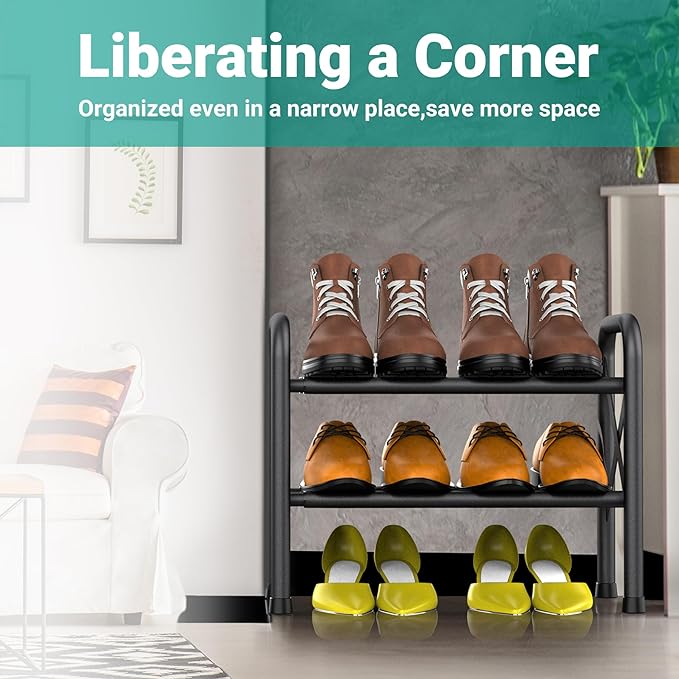 2-Tier Expandable Shoe Rack for Closet, Adjustable Shoe Organizer Metal Shoe Shelf for Entryway, Garage & Corridor, Free Standing Shoe Holders, Easy to Assemble-NeatNest
