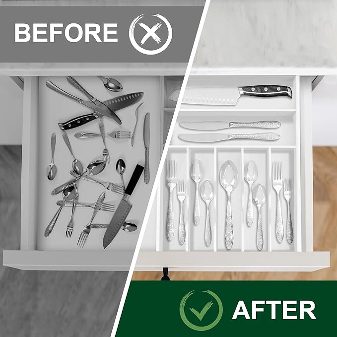 Bellsal White Utensil Organizer 12.5 Inch Silverware Tray for Drawer Utensil Holder Cutlery Organizer Kitchen Drawer Organizer 7 Compartment Small Narrow Bamboo-NeatNest