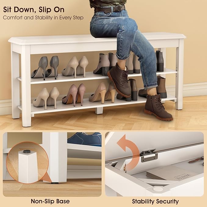 Shoe Rack Bench Seat Rubberwood 2-Tier Wooden Storage Bench 550lbs Compact Mid-Century Modern Design for Entryway, Hallway, Closet, Front Door Entrance, Foyer-NeatNest