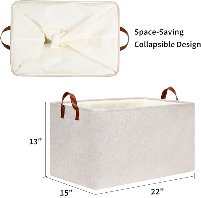 DULLEMELO Large Beige Storage Basket 70L Oversized Canvas Fabric Storage Bin, Collapsible Rectangular Toys Basket Organizer with Handles, 22X15 Storage Container for Clothes, Blankets, Pillows-NeatNest