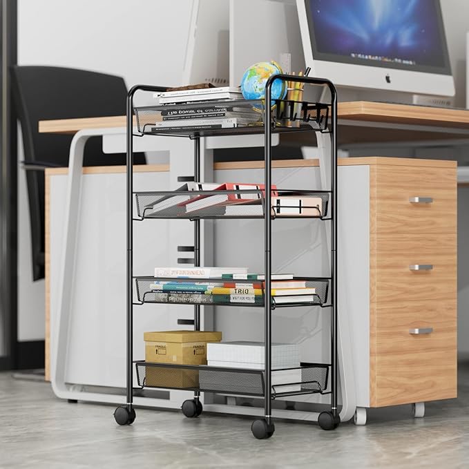 OVICAR 4 Tier Mesh Wire Rolling Cart, Kitchen Storage Organizer Utility Cart, Full Metal Basket Storage Art Trolley Carts with Wheels & 4 Side Hooks