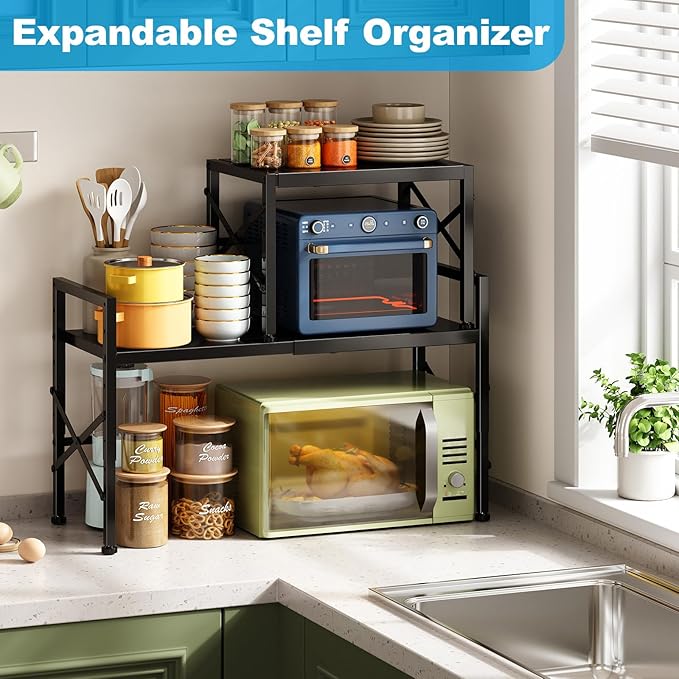 Expandable Metal Storage Shelves,100LBS Stackable Pantry Heavy Duty Shelving Units and Storage for Small Appliances,Adjustable Countertop organizer for kitchen,Cabinets,Closet,Pantry,Garage,Warehouse-NeatNest