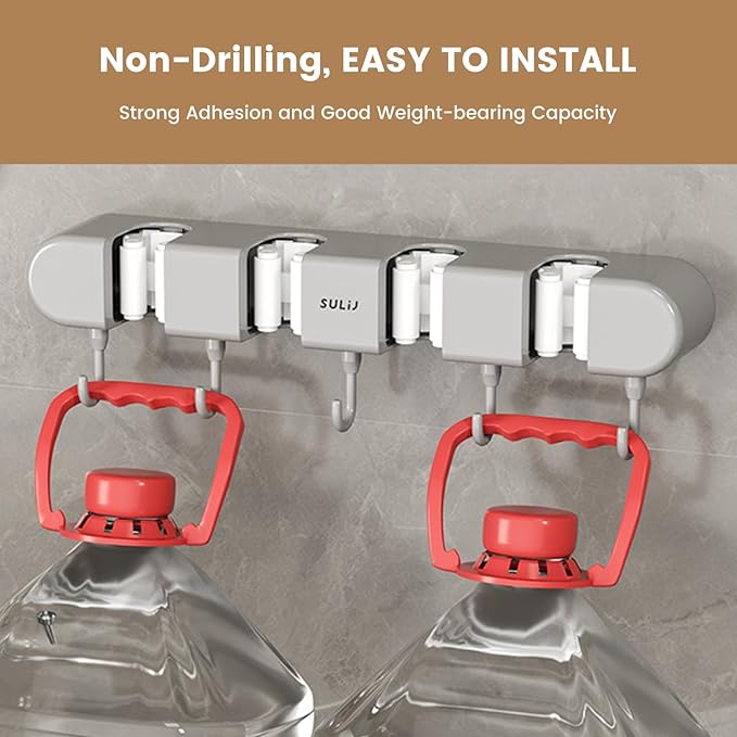 2Pcs Broom Mop Holder with Hooks Wall Mounted Broom Storage Rack No Drilling Self-Adhesive Mop Broom Organizer Mop Holder Hanger for Bathroom Office Kitchen Closet Garage,Grey (2)-NeatNest