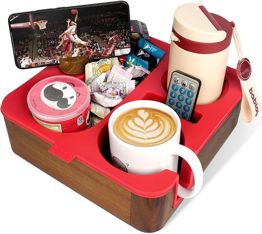 Couch Cup Holder Tray, Real Acacia Wooden Caddy with Soft Silicone, Snack and Drink Organizer- Perfect Movie Night Accessories for Bed, Remote and Cup Holders for Sofa (Red)-NeatNest