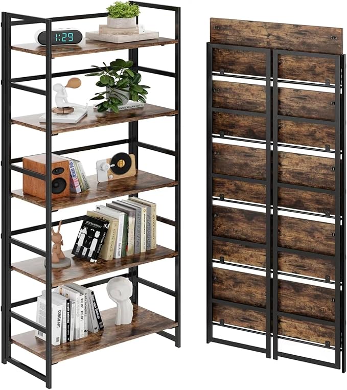 BHG Vintage Multifunctional Folding Bookshelf, No-Assembly Plant Stand Storage Rack Shelves for Home Office (Fire, 5-Tier)-NeatNest