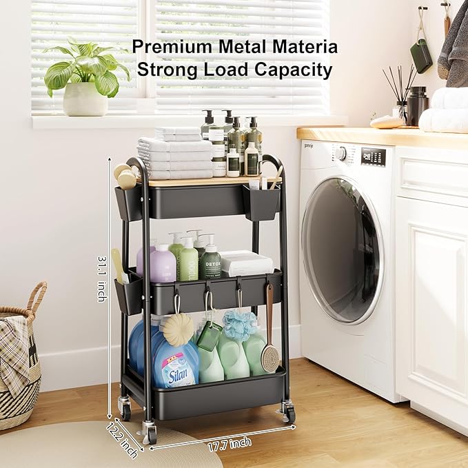 3 Tier Metal Rolling Cart with Wheels and Wooden Table Top, Three Tiered Craft Cart Organizer on Wheels, Black Storage Utility Carts for Art, Diaper Caddy, Baby Nursery, Office, Laundry, Snack, Book