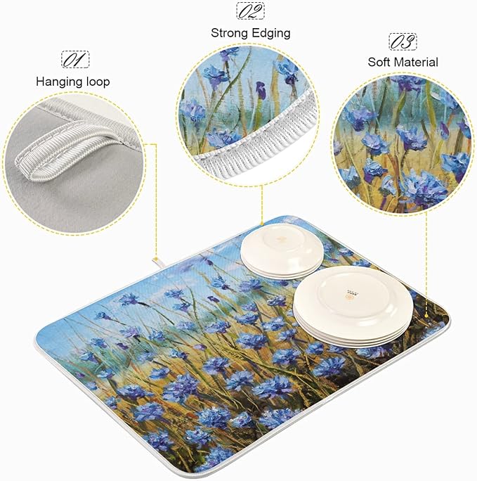 Absorbent Dish Drying Mat for Kitchen Counter - Oil Painting Flowers Microfiber Drying Pad, Reversible Drainer Mats for Countertop, Small 16" x 18"