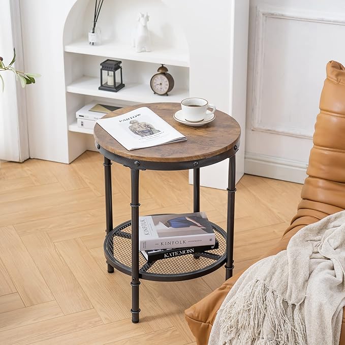 VINGLI 20" Side Table, Round End Tables Living Room, Industrial Small End Table with Metal Mesh, Rustic Farmhouse Side Tables for Bedroom, Office, Corner, Walnut