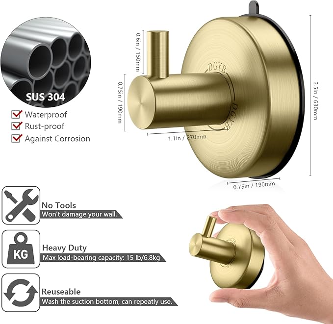 DGYB Suction Cup Hooks for Shower Set of 4 Gold Towel Hooks for Bathrooms SUS 304 Stainless Steel Shower Hooks for Loofah 15 Lb Bathroom Hooks for Towels-NeatNest
