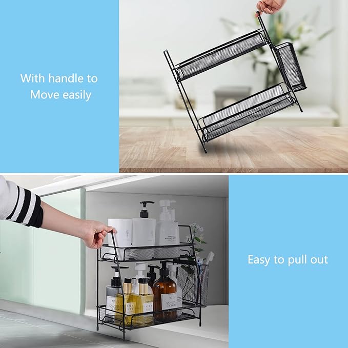LEMIKKLE Countertop Organizer for Bathroom Counter, The Organizer for Bedroom, Spice Rack Organizer for Kitchen Counter Shelf with Small Basket(Black)-NeatNest
