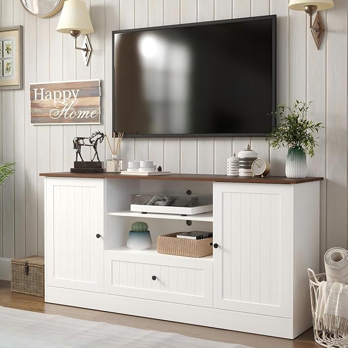 63 in Farmhouse TV Stand for TVs up to 70 Inch, Modern Entertainment Center with Storage Drawer and Open Shelves, Shaker Door TV Console Media Cabinet for Living Room, Bedroom, White-NeatNest