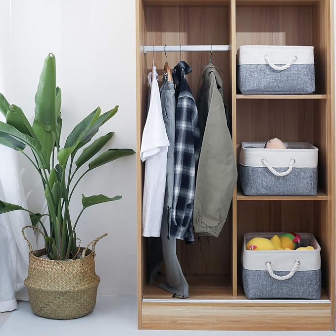Fabric Storage Basket Set of 3, Foldable Linen Storage Box for Nursery and Home, Collapsible Canvas Shelf Basket for Wardrobe or Bedroom, Grey and White