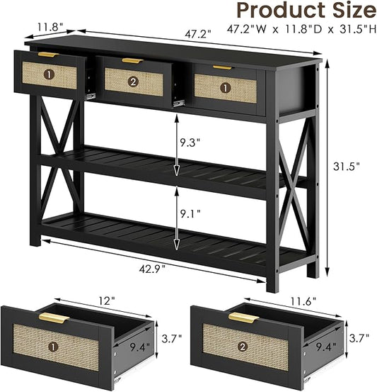 Console Table with 3 Rattan Drawers, Wooden Entryway Table with 3-Tier Storage Shelves, Display Shelf for Entryway, Hallway, Foyer and Living Room, Black-NeatNest