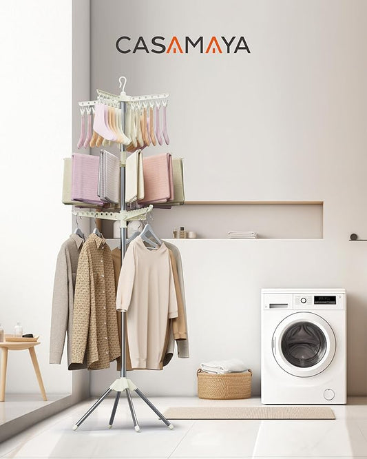 Clothes Drying Rack Foldable, 79.5 inch 3 Tier Laundry Drying Rack with Rotating Clothes Rail for 27 Pieces of Clothes and 24 Clips for Hanging Socks,Space Saving, White and Silver CDR003W01-NeatNest