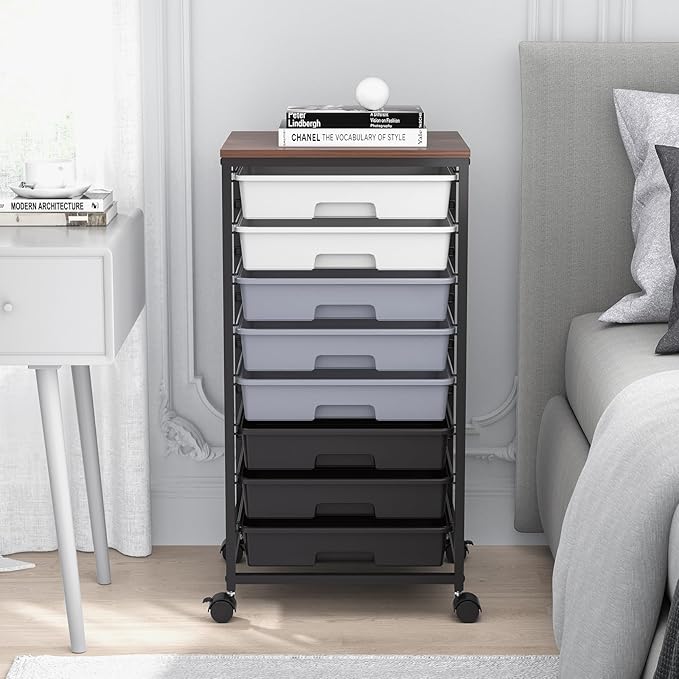 Rolling Cart with Drawers,Utility Cart with 8 Drawers and Wooden Tabletop for Living Room,Classroom,Bedroom,Bathroom,Dorm,Office,Dark Grey
