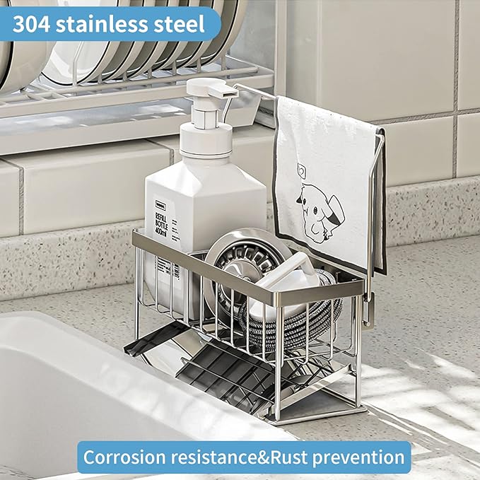 Kitchen Sink Caddy - Sponge Brush Holder with Removable Slope Drip Tray SUS304 Stainless Steel Rustproof Sink Rack-NeatNest