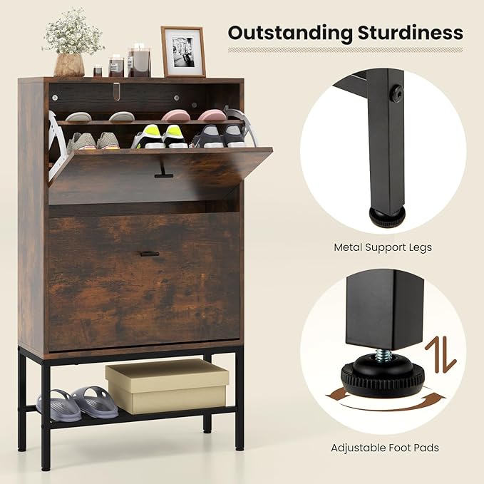 LOKO Industrial Shoe Storage Cabinet, Freestanding Shoe Organizer with 2 Flip Drawers, Adjustable & Removable Interior Shelves, Narrow Shoe Rack Cabinet for Entryway, Hallway, Rustic Brown-NeatNest