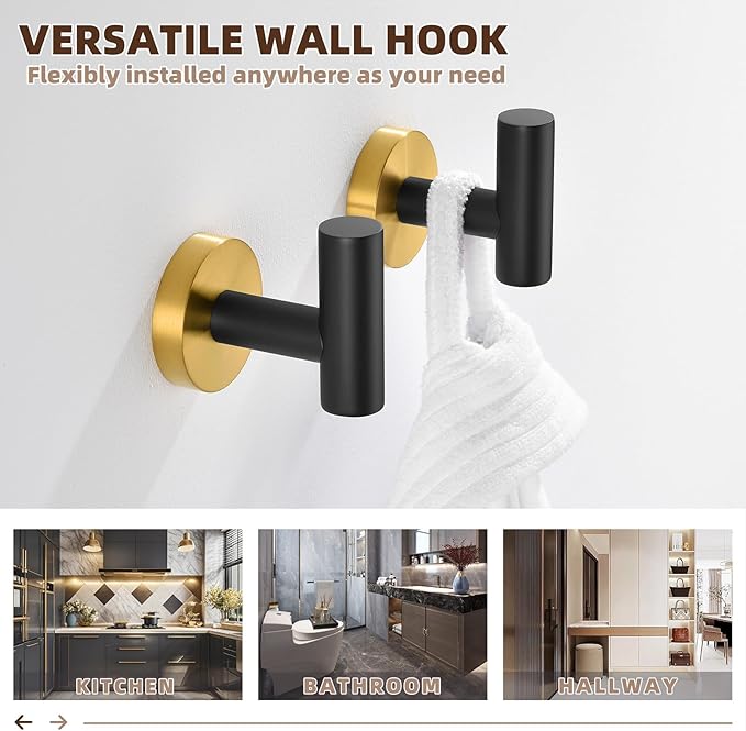 APLusee Robe Towel Hook 2 Pack Black Gold, 304 Stainless Steel Coat Hook, Bath Towel Hanger Wall Mounted