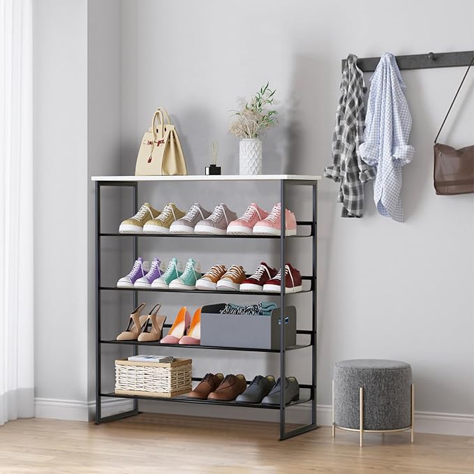 Garden 4 you 5 Tiers Shoe Rack,Multi-Purpose Adjustable Flat and Slant White Marble Freestanding Organizer Storage Rack Shoe Shelf, High Heels Potted Plant for Entryway Hallway Living Room Closet-NeatNest