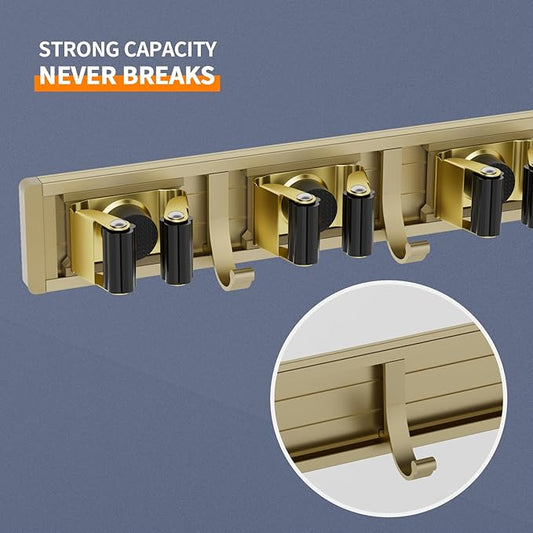 Broom Holder Wall Mount Mop and Broom Hanger Wall Mounted Garage Storage Rack Kitchen Garden Tool Organizer (5 Racks with 4 Hooks, Bronze)-NeatNest