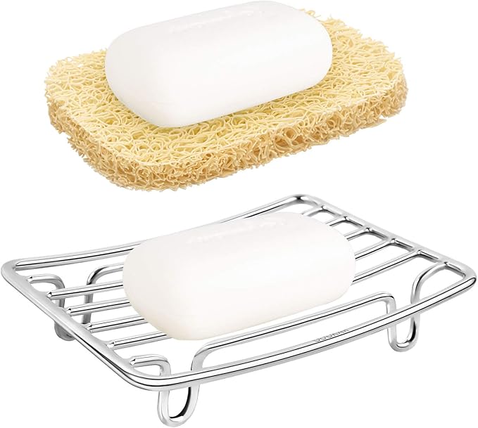 Bar Soap Dish Holder for Shower Bathroom Stainless Steel Rust Proof Self Draining with Beige Soap Saver Pad-NeatNest